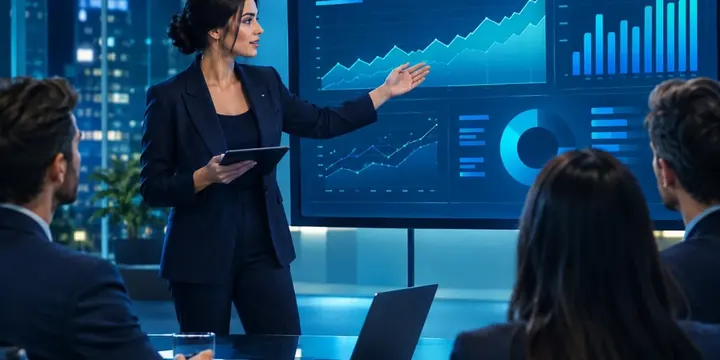 Analyst presenting charts on a large screen to a small team