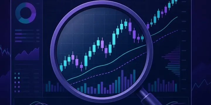 Magnifying glass over a detaiLED stock chart