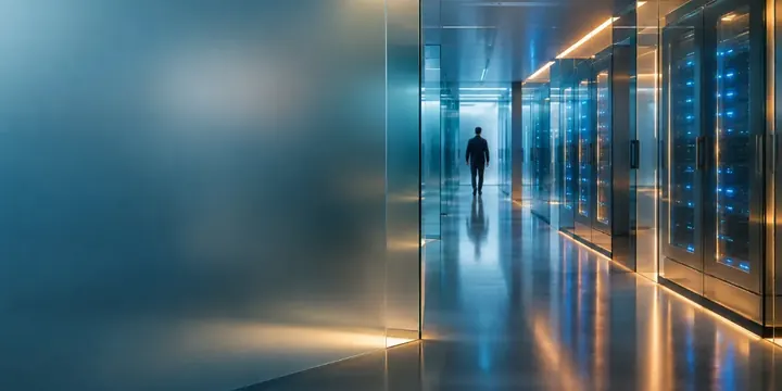 Modern secure data center corridor with blue lights