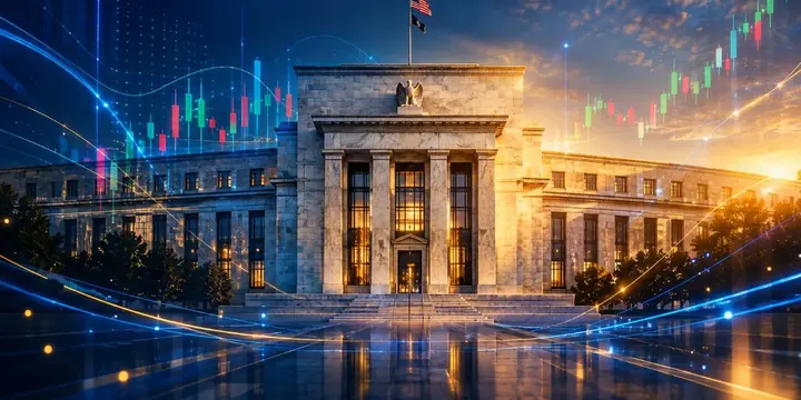 Classical central bank building facade with subtle financial chart overlays