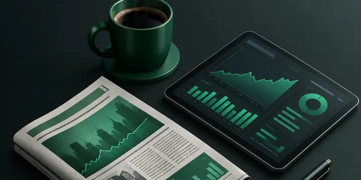 Financial newspaper tablet with charts and coffee on a desk