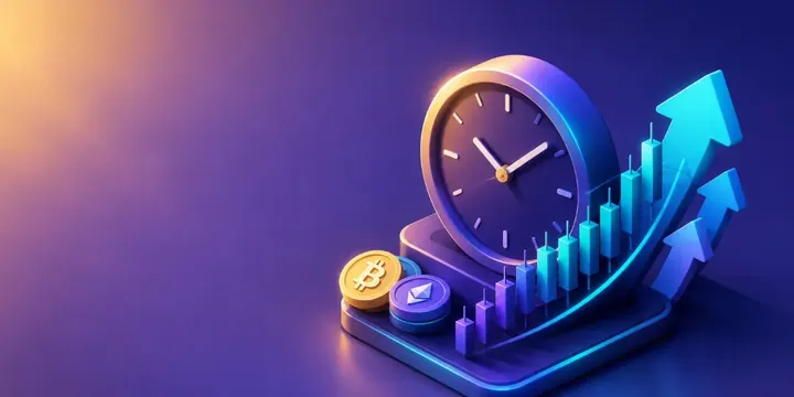 Clock merged with a crypto chart and forward arrows
