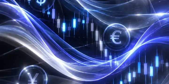 Abstract waves of light representing market volatility across currency charts