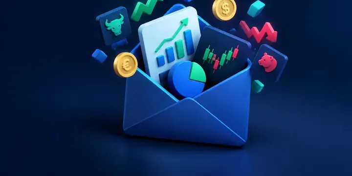 Envelope opening with charts and market icons flying out