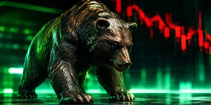 Bronze bear statue with a descending red chart behind it