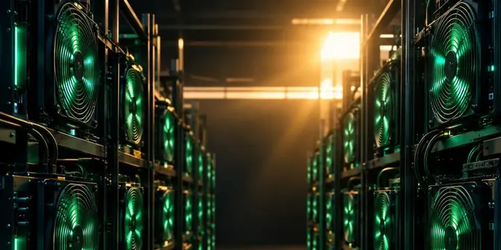 Rows of mining rigs with glowing fans in a dark data center