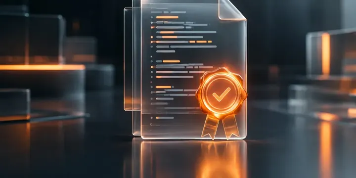 Transparent document made of code lines seaLED with a glowing stamp