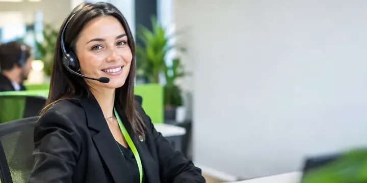 Friendly support agent with a headset in a bright modern office