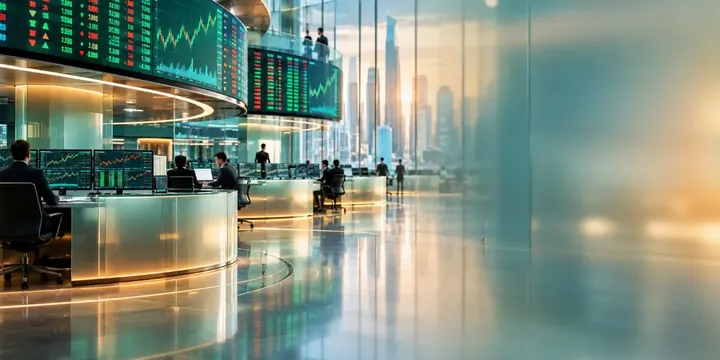Modern stock exchange trading floor with large screens of green and red tickers