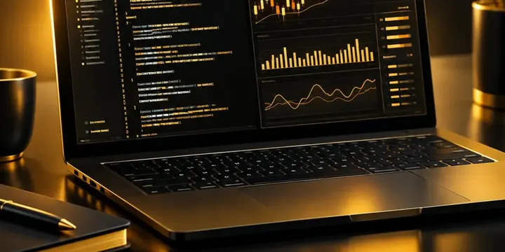 Code on a screen next to live charts in a developer workspace