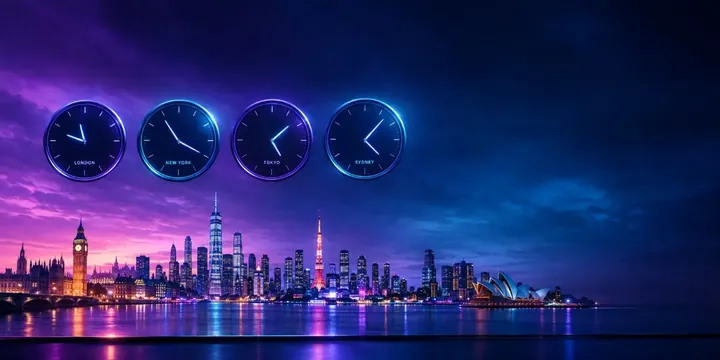 Four clocks showing London, New York, Tokyo and Sydney trading session times above a city skyline