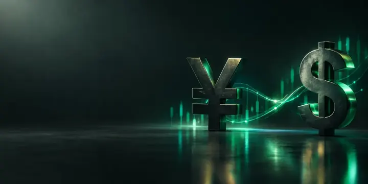 Stylized yen symbol and dollar symbol connected by glowing price lines
