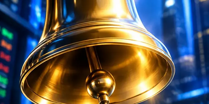 Golden bell with light rays at the moment of market open