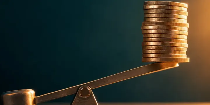 Precision lever lifting a stack of coins clean minimal composition