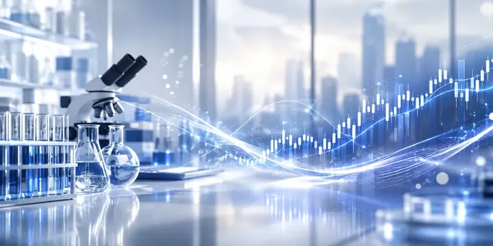 Clean laboratory scene blended with an upward stock chart
