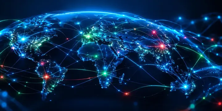 Global network of interconnected glowing nodes