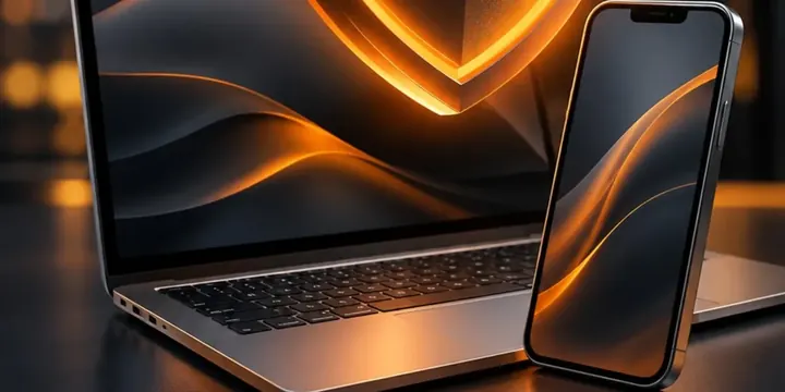 Large glowing shield over a laptop and phone