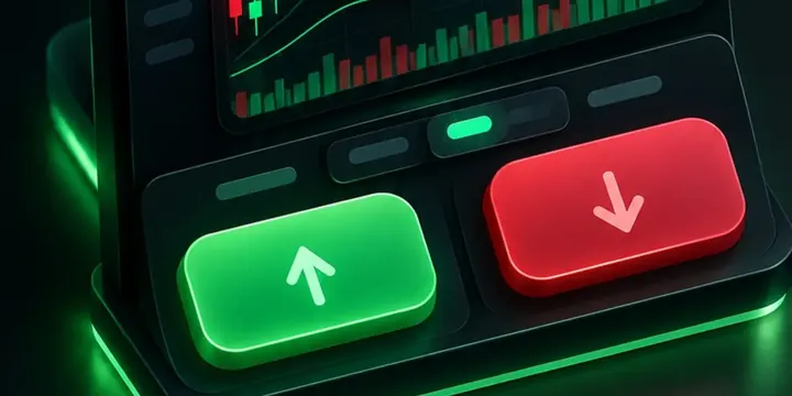 Clean buy and sell panel with green and red buttons and a candlestick chart