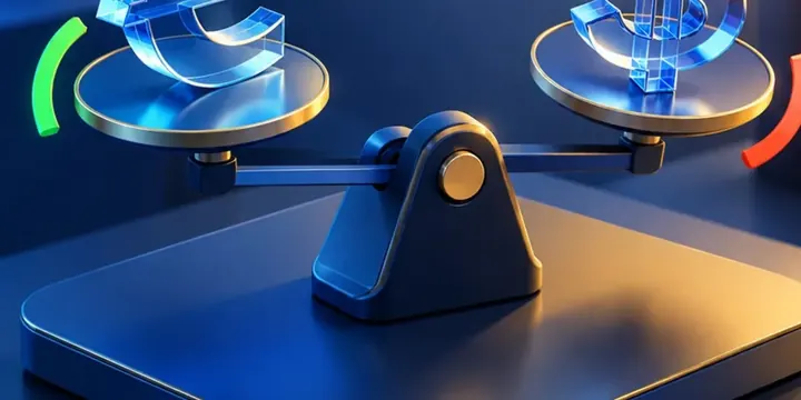 Glass euro symbol and a glass dollar symbol balanced on a sleek scale
