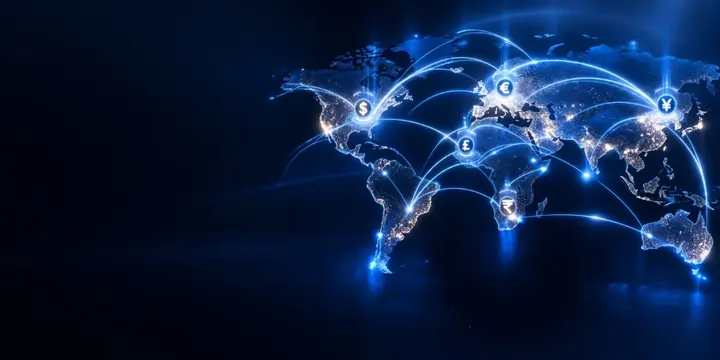 Dark world map with glowing currency flow lines connecting major financial centers
