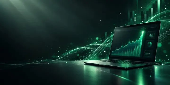 Laptop displaying an earnings report chart with a highlighted spike