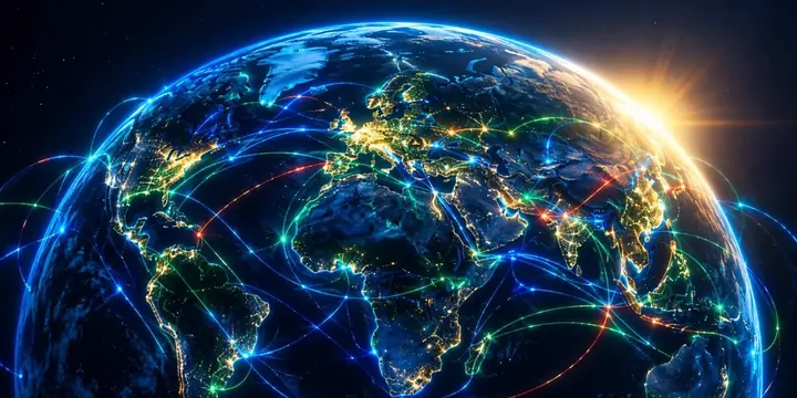 Night earth view from space with glowing trade routes