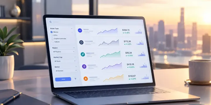 Sleek dashboard with filter panels and a list of stock charts
