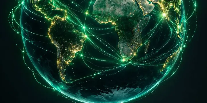 Night earth view from space with glowing trade routes