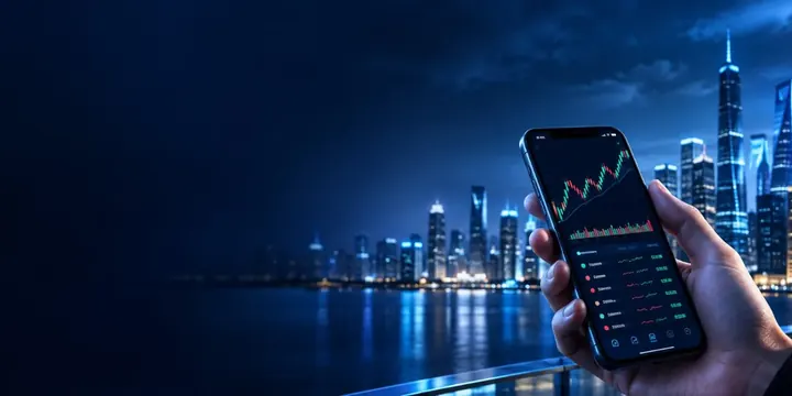 Hand holding a phone with a stock trading app and a city in the background