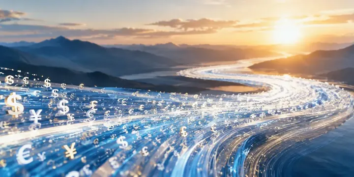 Flowing river of light made of tiny currency symbols