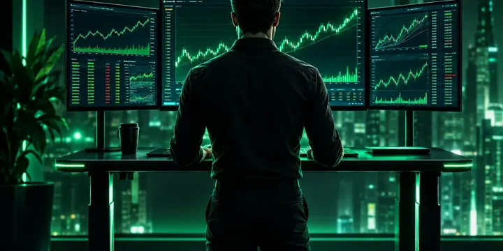 Investor at a standing desk watching fast moving intraday stock charts
