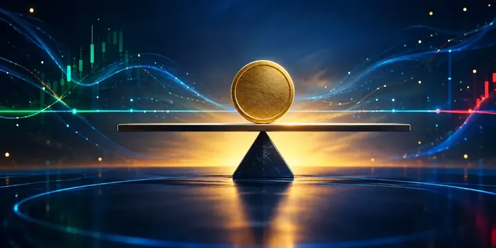 Coin resting perfectly level on a balance beam with a flat price line