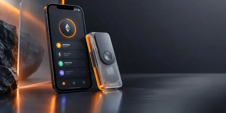 Sleek hardware crypto wallet device next to a smartphone wallet app