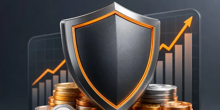 Shield protecting a stack of mixed currency coins with a chart behind